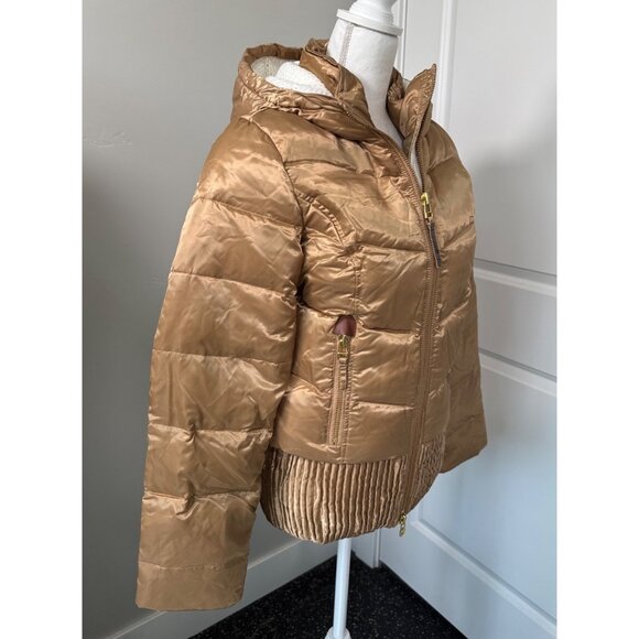 Quilted Gold Puff Jacket W/Hood Womens L True Religion Down & Feather Fill - Picture 9 of 16